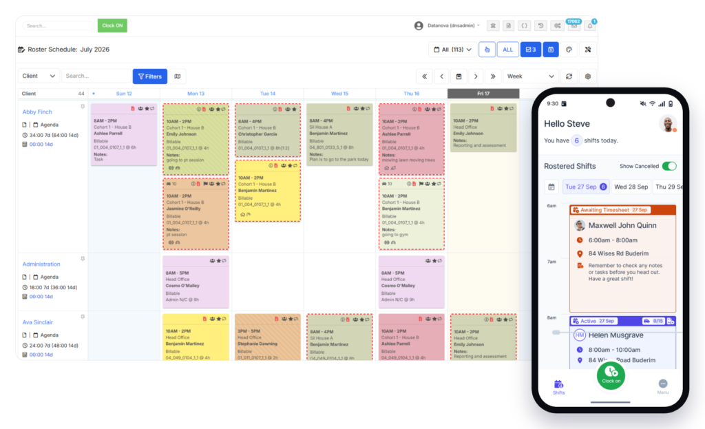 NDIS coordinator reviewing staff roster with shift gaps and credential alerts highlighted on screen