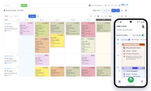 NDIS coordinator reviewing staff roster with shift gaps and credential alerts highlighted on screen
