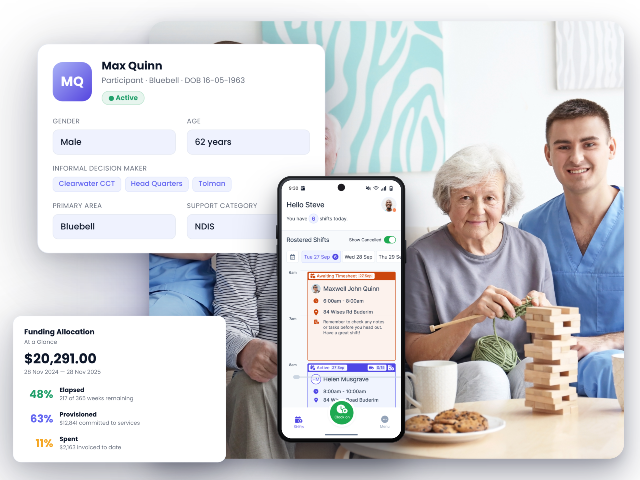 Flowlogic participant management and rostering screens beside a support worker and client.